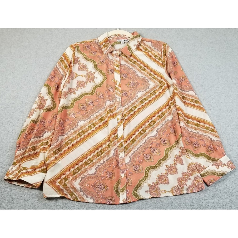 Fashion Nova Button Up Shirt Womens‎ L Large Pink Orange Scarf Print Boho Sheer